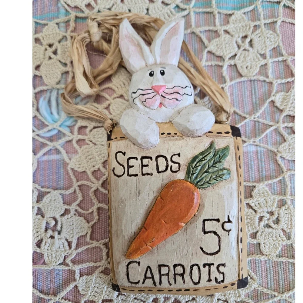 Easter Bunny Seed Packet‎ Ornaments Hanging Set 3 Raffia Bow Resin Rustic